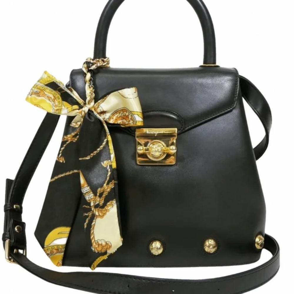 Vintage Salvatore Ferragamo Elegant Black Leather Handbag with Gold Accents
